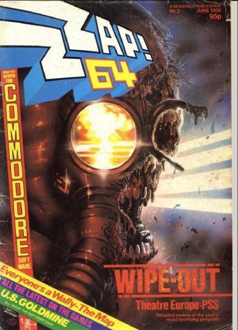 Issue 2 of Zzap!64, featuring a zombified face in a gas mask on the cover.