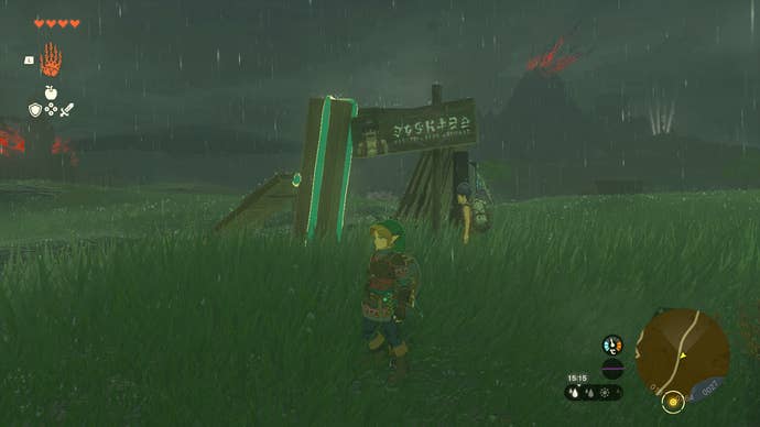 Link wedging some wooden into Addison's sign to make it stand up in Zelda: Tears of the Kingdom