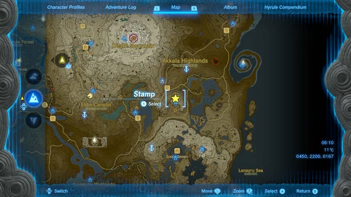 A map screen showing the location of the Akkala Citadel Bedchamber in Zelda: Tears of the Kingdom