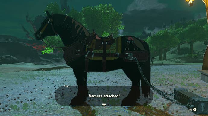 A horse wearing a towing harness in Zelda: Tears of the Kingdom