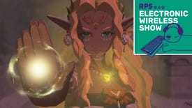 A blonde elfin woman raises her hand and emits a gold magic light from it, as she stares at the camera, in The Legend Of Zelda: Tears Of The Kingdom. The square green Electronic Wireless Show podcast logo is over the top right corner