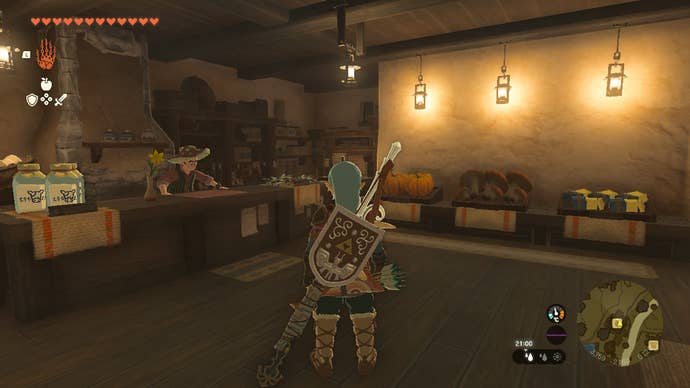Link shopping in Hateno Village general store in Zelda: Tears of the Kingdom