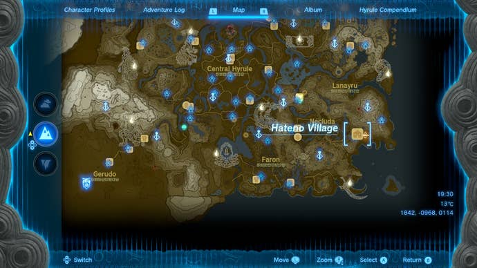 A map screen showing the location of Hateno Village in Zelda: Tears of the Kingdom