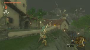 Link surveying Hateno Village in Zelda: Tears of the Kingom