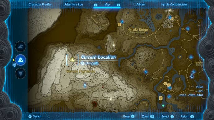 A map screen showing the location mentioned in the Heroine's Manuscript in Zelda: Tears of the Kingdom