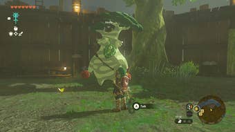 Link standing next to Hestu in Lookout Landing in Zelda: Tears of the Kingdom