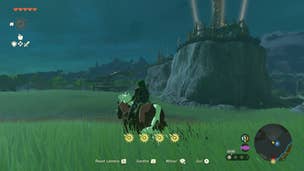 Link riding a horse towards Hyrule Field Skyview Tower in Zelda: Tears of the Kingdom