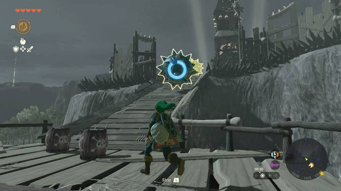 Link using his Rewind power on a giant spiky ball in Zelda: Tears of the Kingdom
