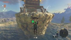 Link gliding towards Lindor's Brow Skyview Tower in Zelda: Tears of the Kingdom