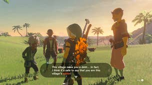 Link discussing rebuilding Lurelin Village with the Village Head and Bolson in Zelda: Tears of the Kingdom