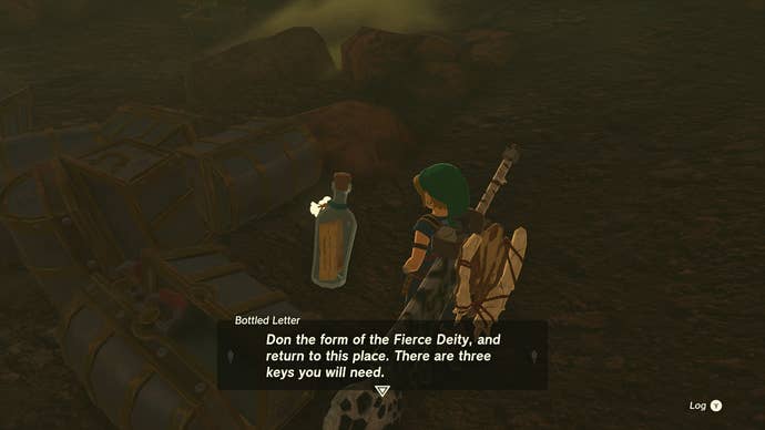 Link mulling over a riddle in the Cave of Chests in Zelda: Tears of the Kingdom