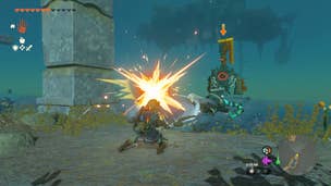 Link using a stone shield to block an attack in Zelda: Tears of the Kingdom