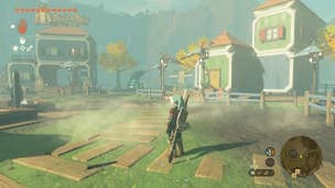 Link standing in the middle of Tarrey Town in Zelda: Tears of the Kingdom