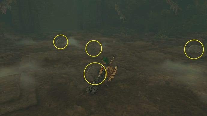 Link placing rocks to solve the Twins Manuscript stone puzzle in Zelda: Tears of the Kingdom