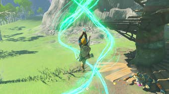 Link using the Ascend power to climb to a high ledge in Zelda: Tears of the Kingdom