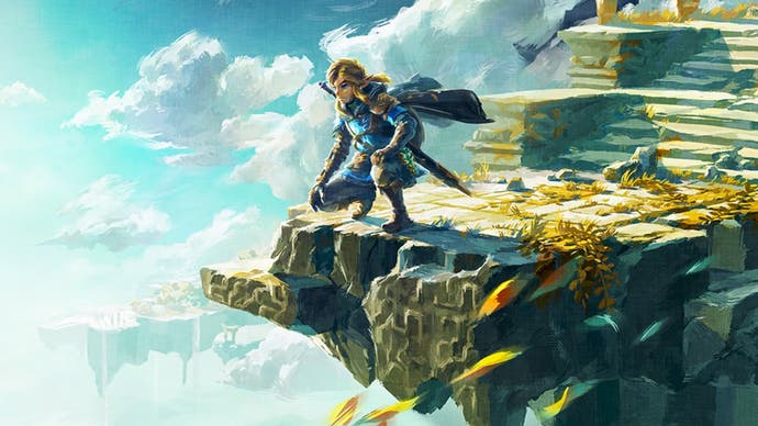Key artwork for The Legend of Zelda: Tears of the Kingdom showing Link perched on an island floating in the sky.