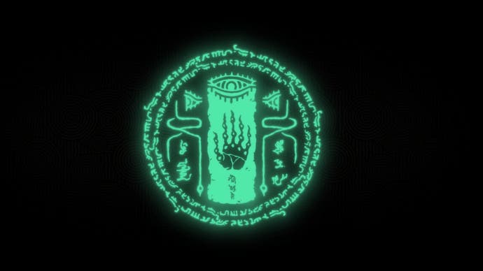 The Legend of Zelda: Tears of the Kingdom artwork showing a florescent green circle made up of ancient-style glyphs on top of a black background.