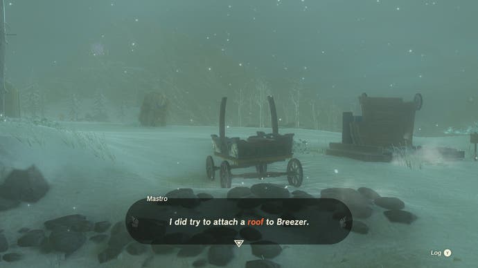 Link comes across a stranded cart in a snowy region of Hyrule which is missing a roof in Tears of the Kingdom.