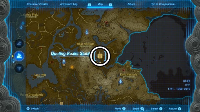 Map showing the location of the Duelling Peaks Stable, found in the Necluda region of Zelda: Tears of the Kingdom.