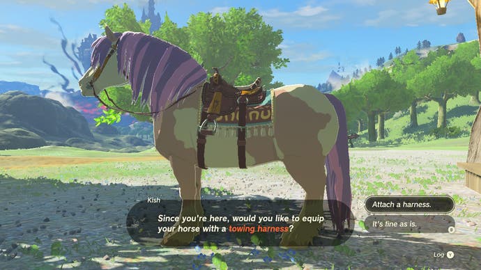 Link trying to attach a towing harness to a horse in The Legend of Zelda: Tears of the Kingdom.