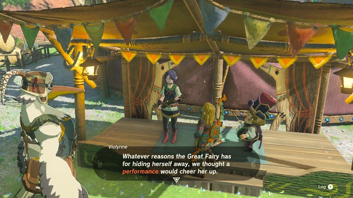 Link talking to a musician in Hyrule about performing for a Great Fairy which has hidden itself away.