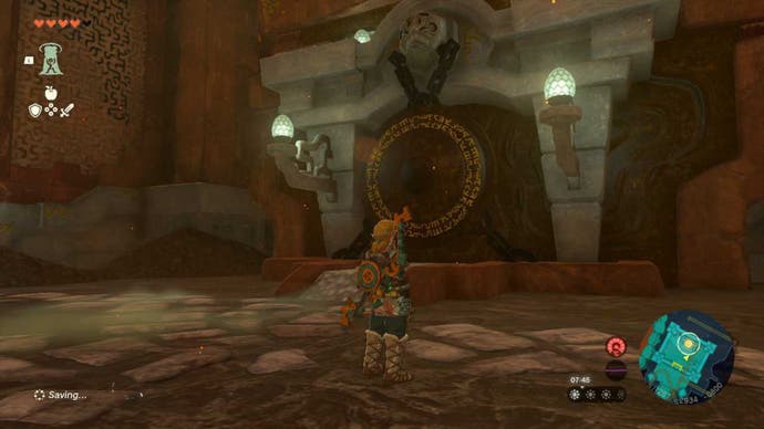 Zelda TOTK, Link is facing the fifth gong in the Fire Temple.