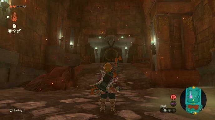 Zelda TOTK, Link is facing the first gong in the Fire Temple.