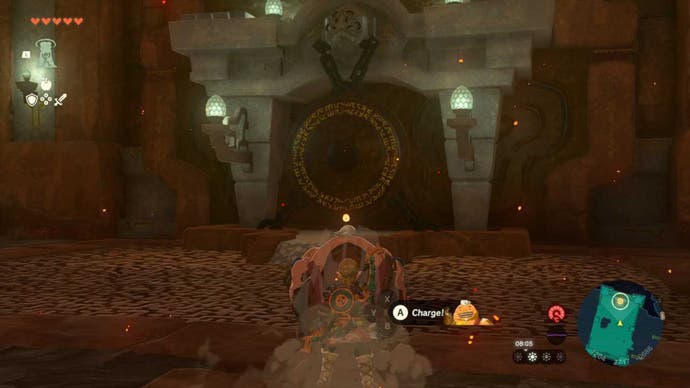 Zelda TOTK, Yunobo is aiming at the third gong in the Fire Temple.