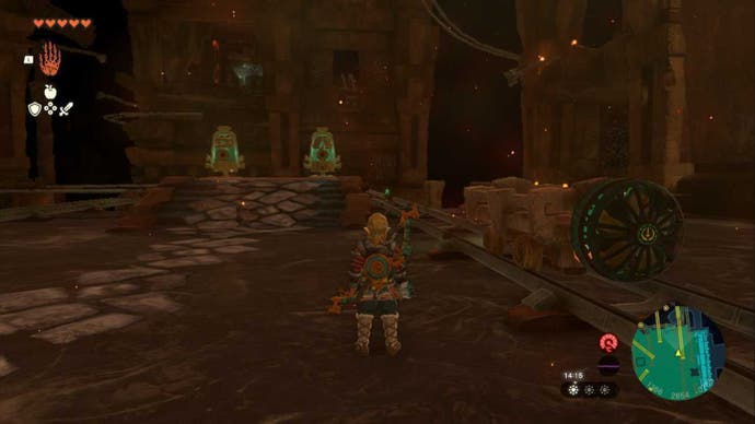 zelda totk fire temple link facing lowered track duo zonai pillars