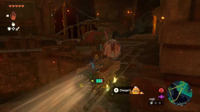 Zelda Totk Fire Temple Vorhängeschloss Four Yunobo zielt auf eine Felsblockade ab