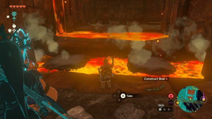 Zelda TOTK, Link is in the Fire Temple with Yunobo, facing a river of lava with platforms on it.