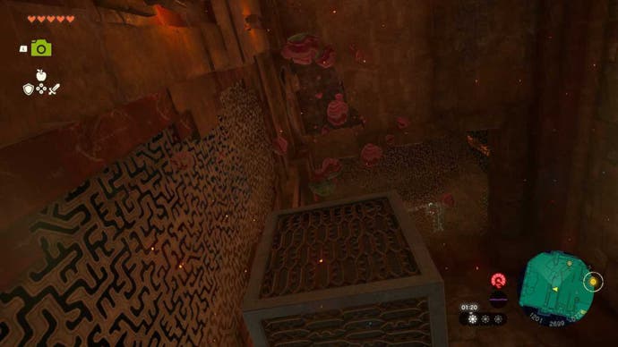 Zelda TOTK, image shows a crate and the hole in the ceiling it fell from in the Fire Temple.