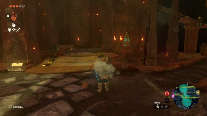 Zelda Totk, Link steht vor einer Brücke zu einer Zonai -Säule und einem Wagen im Feuertempel