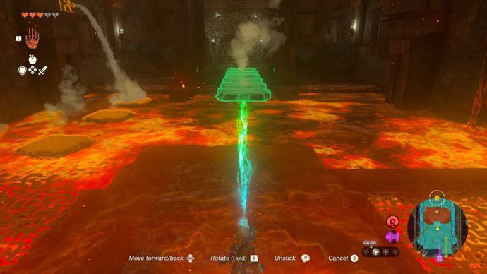 Zelda TOTK, Link is using Ultrahand to make a bridge out of platforms to cross lava.