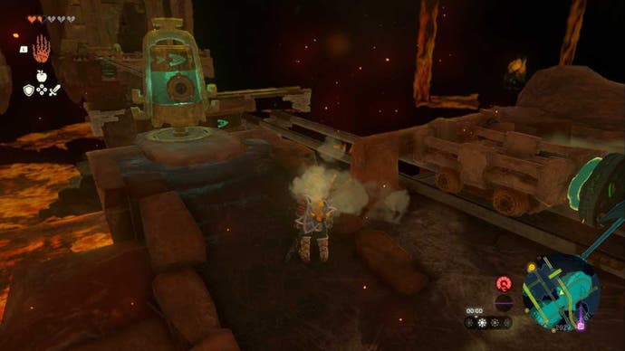Zelda Totk Fire Temple Vorhängeschloss Zwei Zonai -Säulenspur -Schalter für die Brust