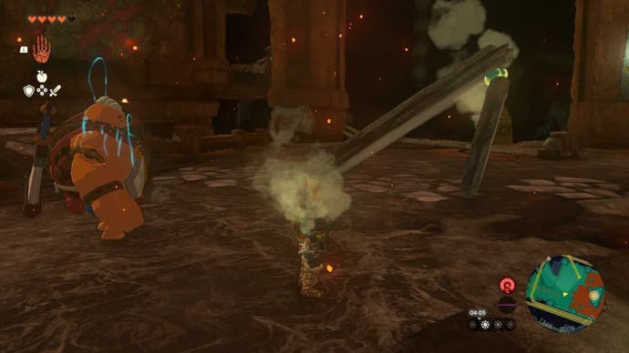 Zelda Totk, Link und Yunobo stehen im Feuertempel an einer Steinrampe