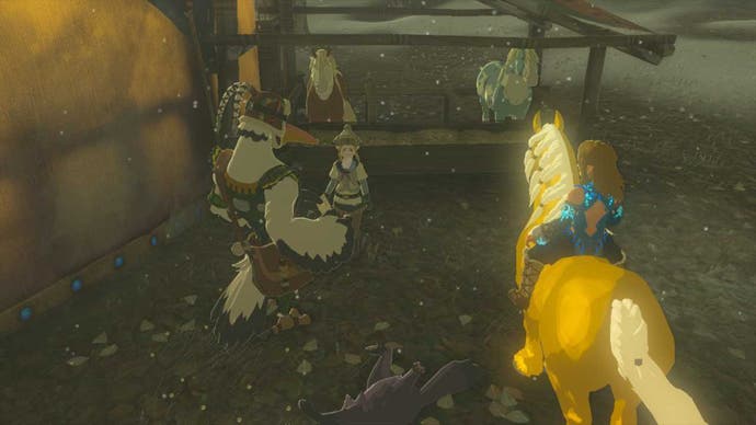 Zelda Tears of the Kingdom, Link is on the golden horse and talking to Penn and Harlow at Snowfield Stables.