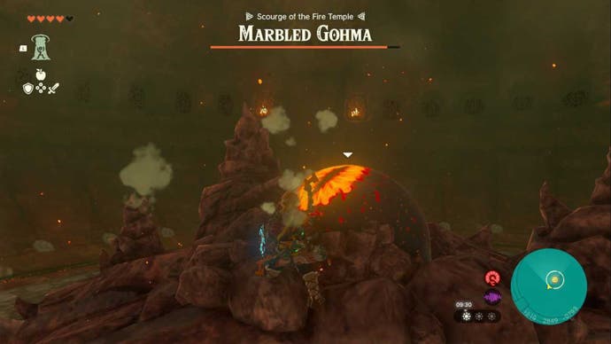 Zelda TOTK, Link facing a grounded Marbled Gohma in phase one of the boss fight