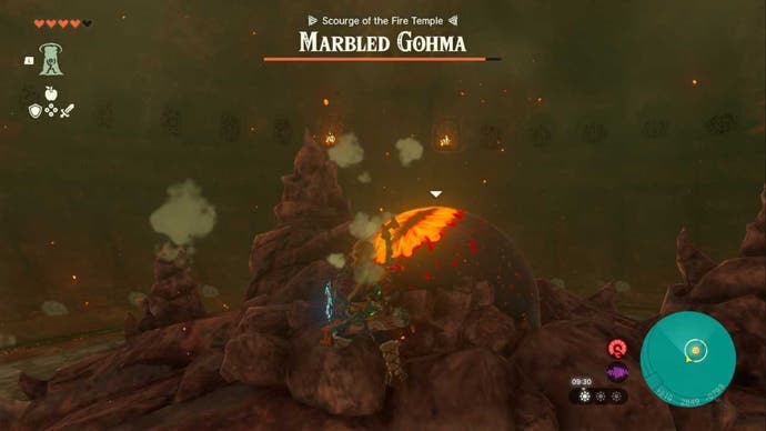 Zelda TOTK, Link facing a Marbled Gohma on the ground in the first phase of the boss fight