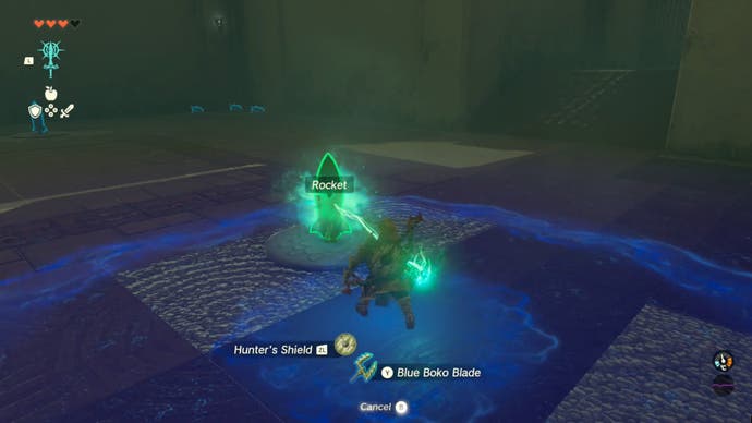 Zelda Tears of the Kingdom, Link is fusing a Rocket to his shield in the Ijo-o Shrine