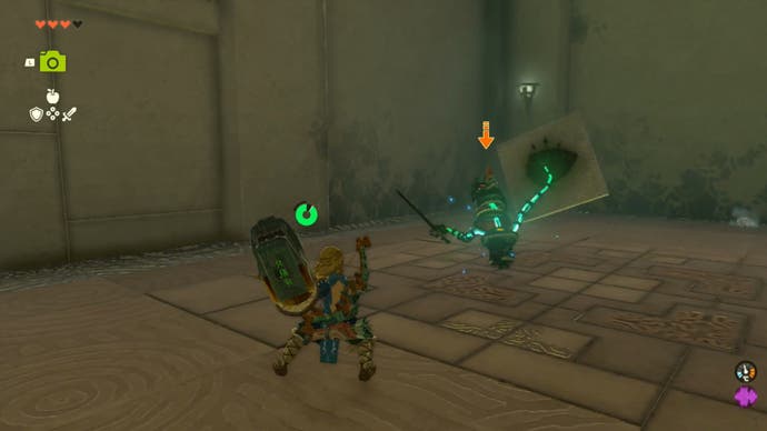 Zelda Tears of the Kingdom, Link attacks a Zonai soldier construct holding a stone shield in Ijo-o Shrine.