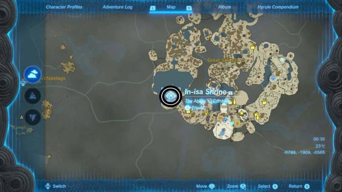 Zelda Totk in ISA Shrine Map -Standort umkreist