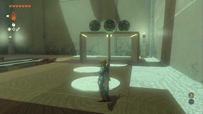 Zelda Totk Jiukoum Shrine Third Rail Puzzle -Apption -Lösung, eine Reihe von Platten, die zusammen mit drei Lüftern an der Spitze eingehen