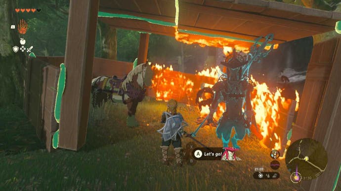 Zelda Totk Link de frente para a queima de casas de cavalo