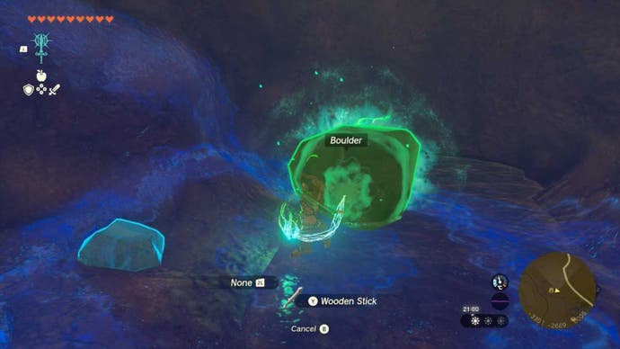 Zelda Totk Link verschmelzen Boulder mit Holzstab