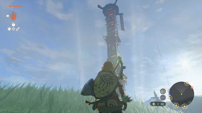 zelda totk link looking at a skyview tower