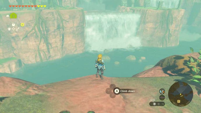 zelda totk link looking at the waterfall in the shrine near the stable by the lake