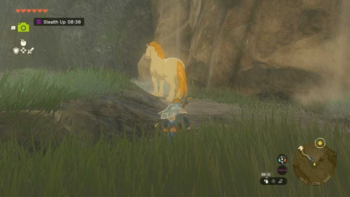 zelda totk link sneaking up on giant white stallion