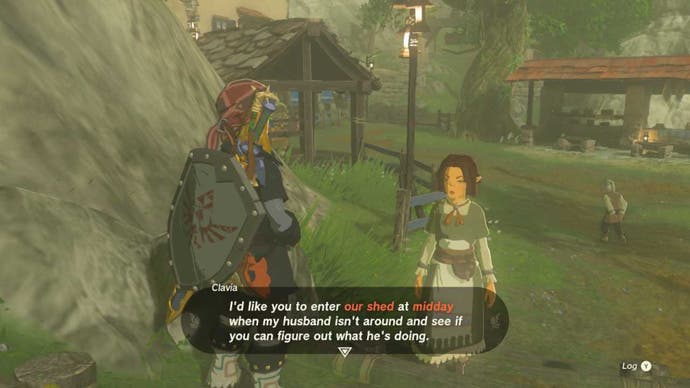 zelda totk link talking to clavia outside the house