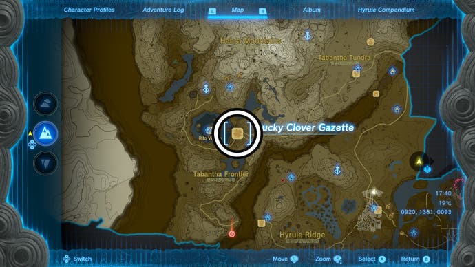 Map showing the location of the Lucky Clover Gazette building in The Legend of Zelda: Tears of the Kingdom.